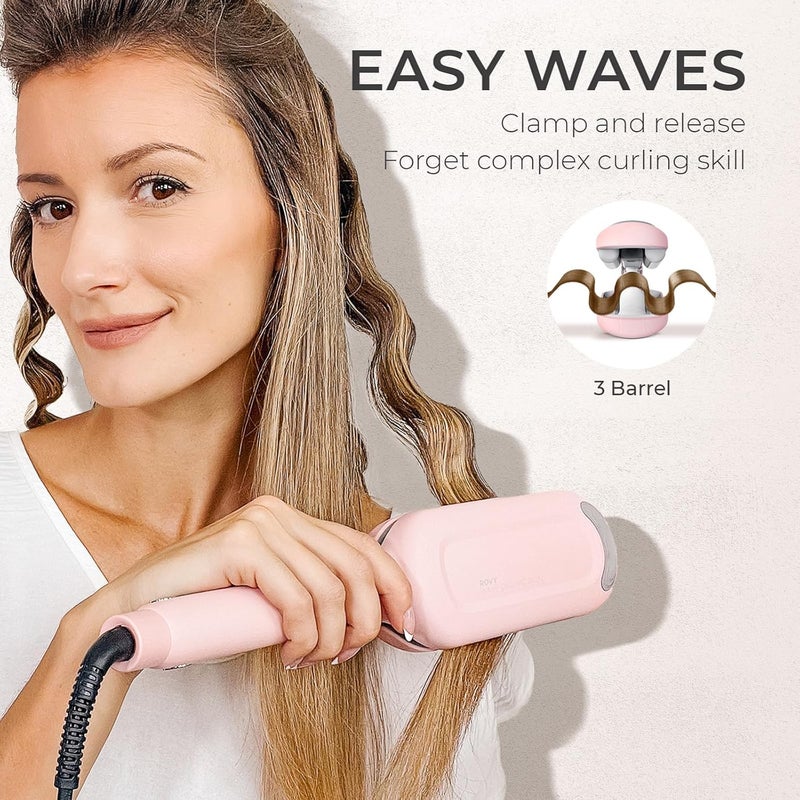 TYMO Curling Iron Hair Crimper Waver - ROVY Beach Waves Curling Wand, Ionic Deep Waver Hair Curler Tool with Ceramic 3 Barrel for Women, Dual Voltage, Anti-Scald, Easy to Use, Pink, 1.25 Inch - Image 2